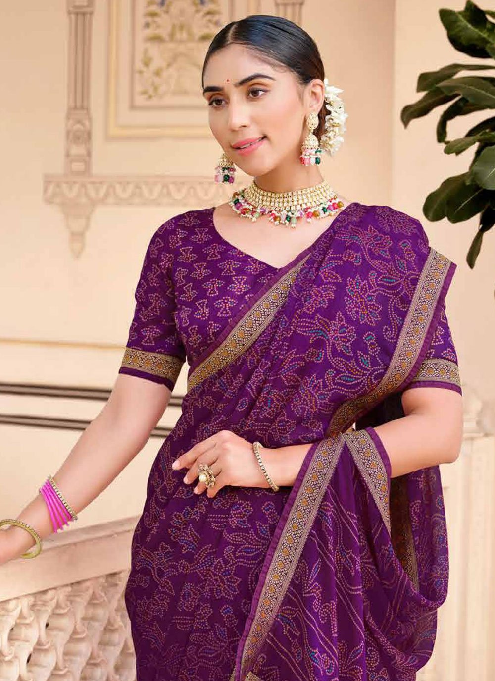 MySilkLove Plum Purple Chiffon Bandhani Saree