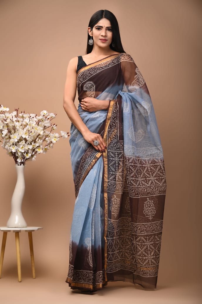 Raven Blue Handblock Kota Doriya Saree