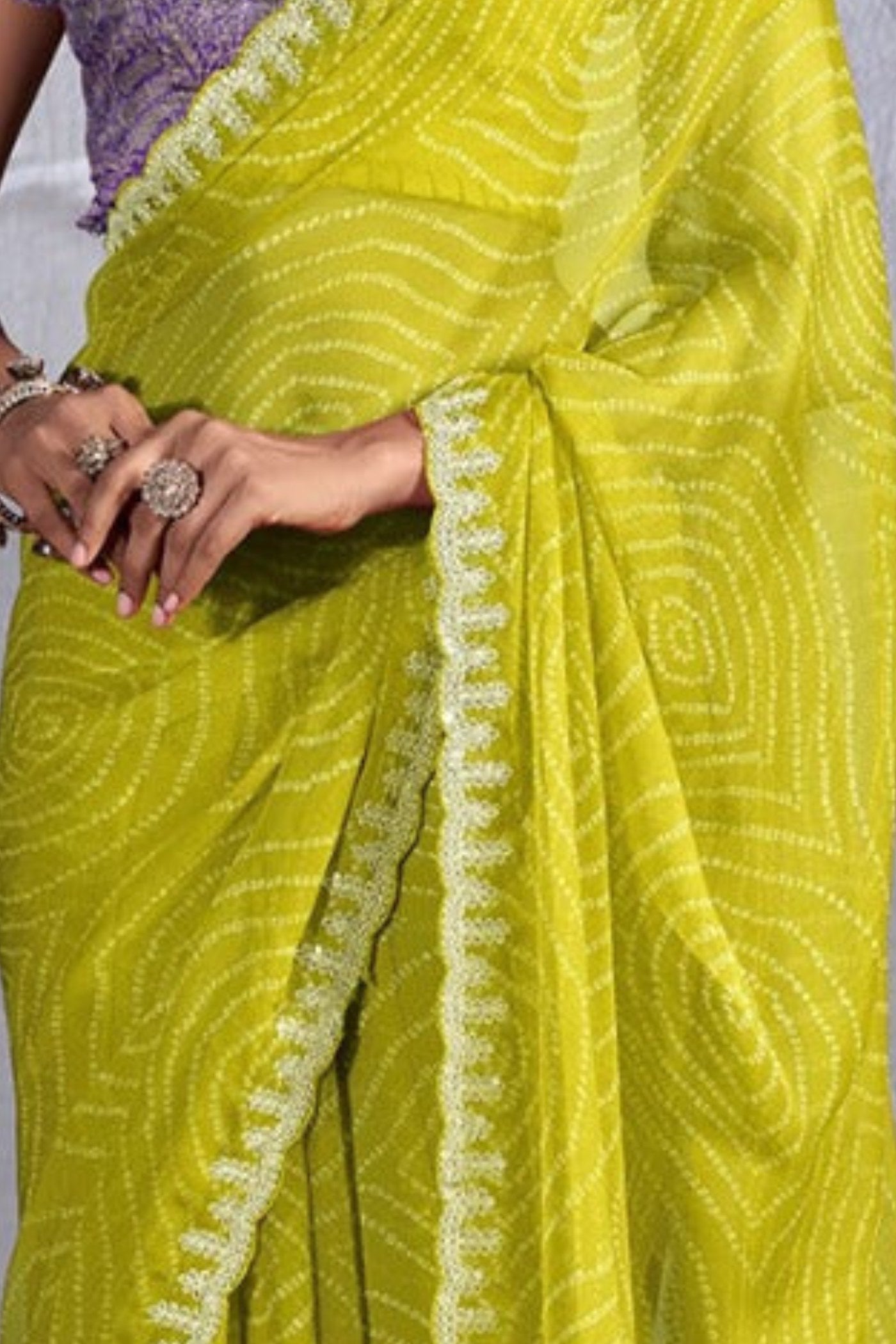 Buy MySilkLove Neon Yellow Designer Georgette Bandhani Saree Online