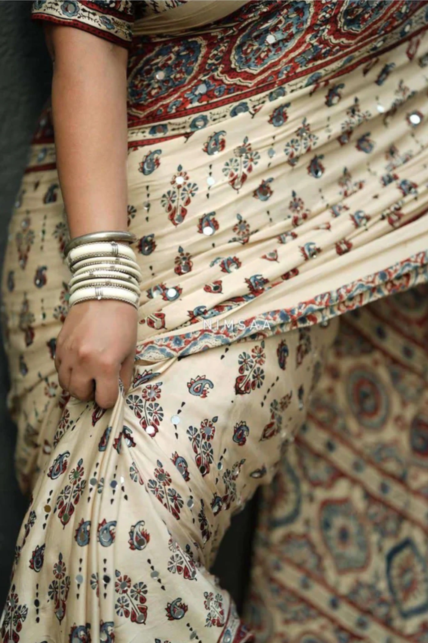 Buy MySilkLove Fawn Beige Modal Ajrakh Satin Printed Mirror Work Saree Online