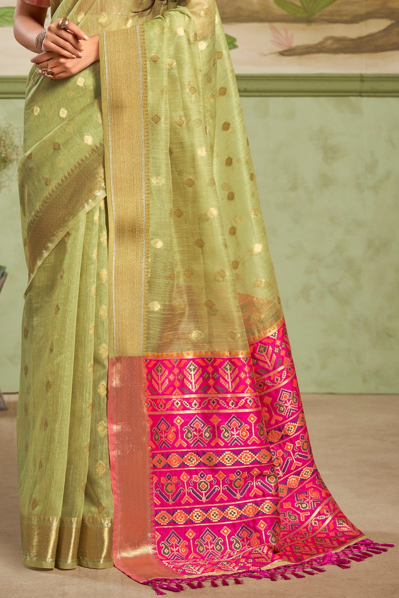 Buy MySilkLove Wild Willow Green Banarasi Tissue Silk Saree Online