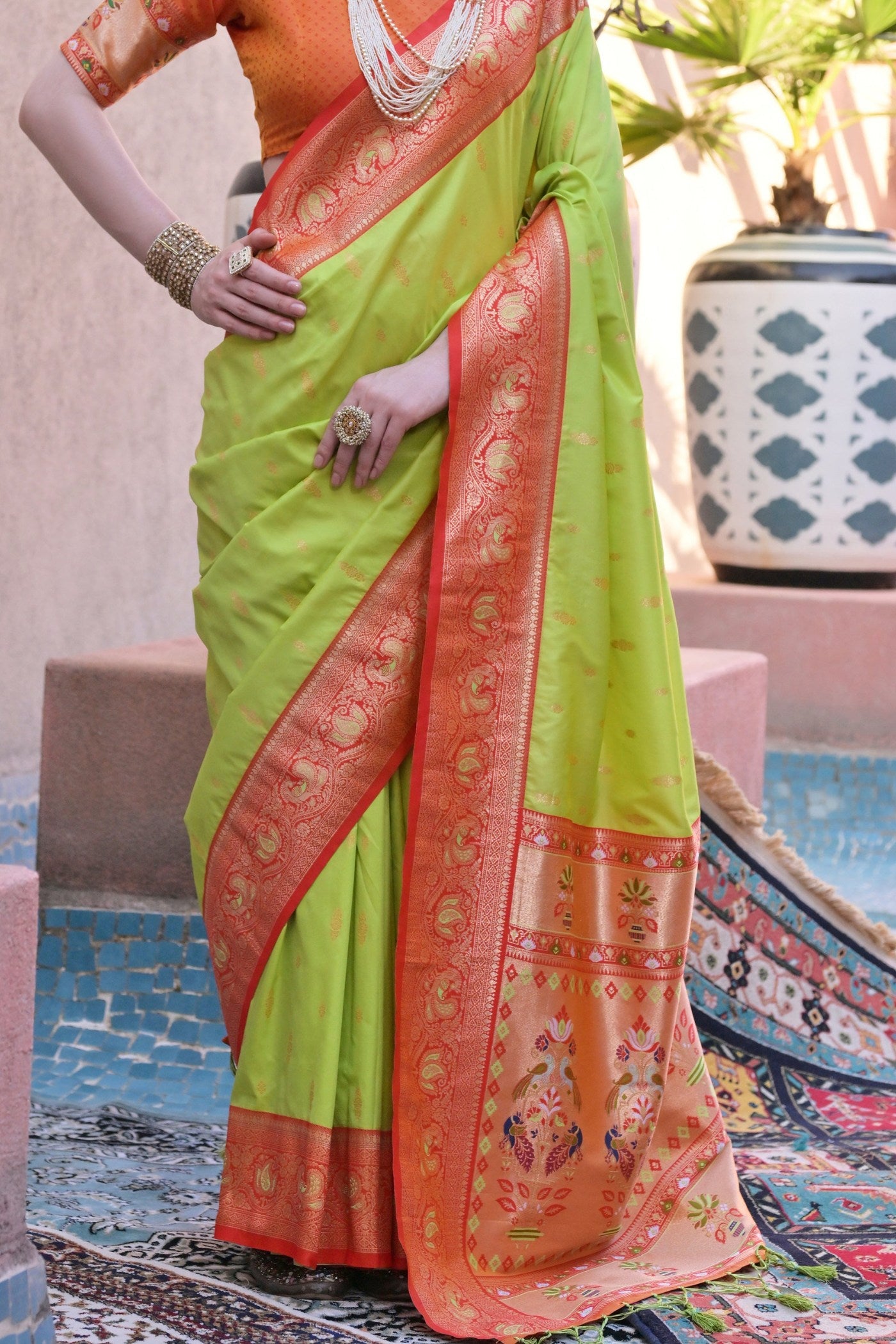 Buy MySilkLove Slime Green Zari Woven Paithani Saree Online