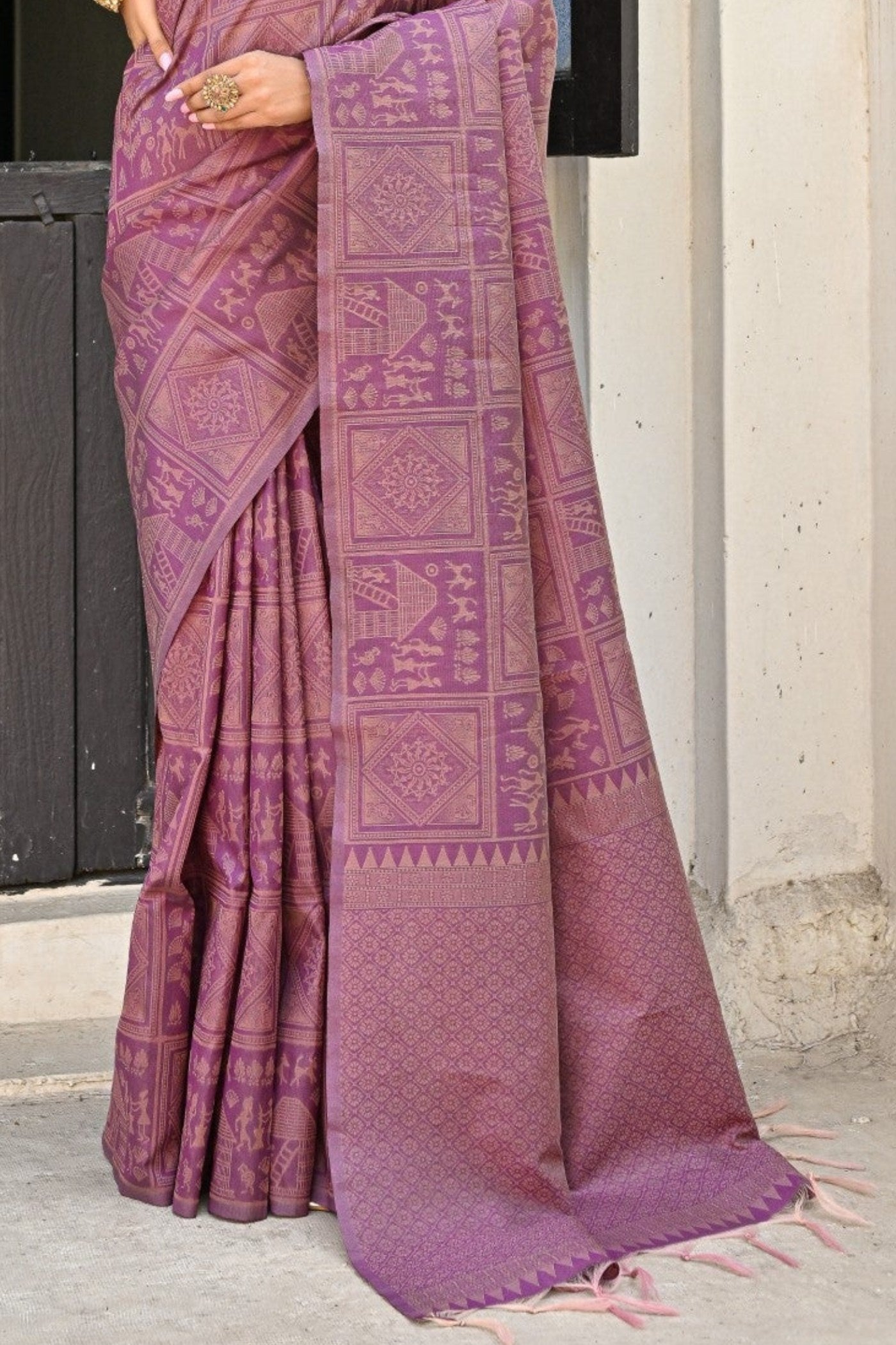 Buy MySilkLove Rose Dust Purple Woven Kalamkari Raw Silk Saree Online