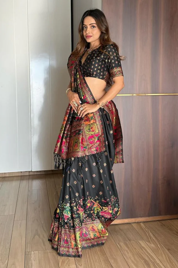 Buy MySilkLove Code Dark Black Kashmiri Woven Banarasi Silk Saree Online