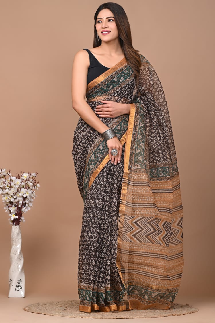 Buy MySilkLove Corduroy Grey Handblock Kota Doriya Saree Online