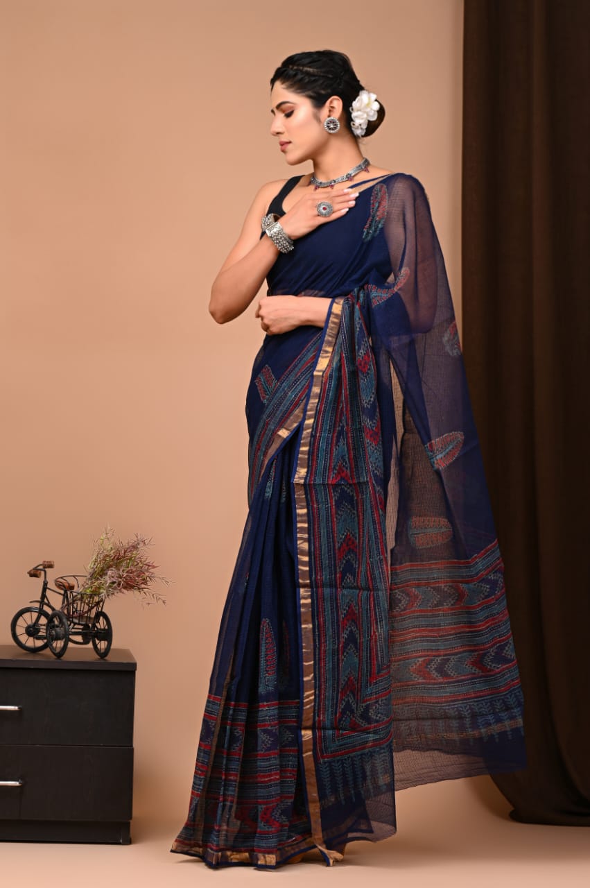 Buy MySilkLove Martinique Blue Handblock Kota Doriya Saree Online