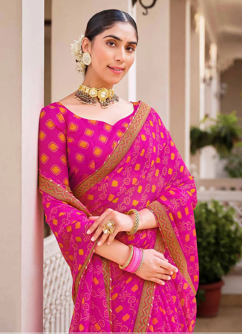 Buy MySilkLove Razzmatazz Pink Chiffon Bandhani Saree Online