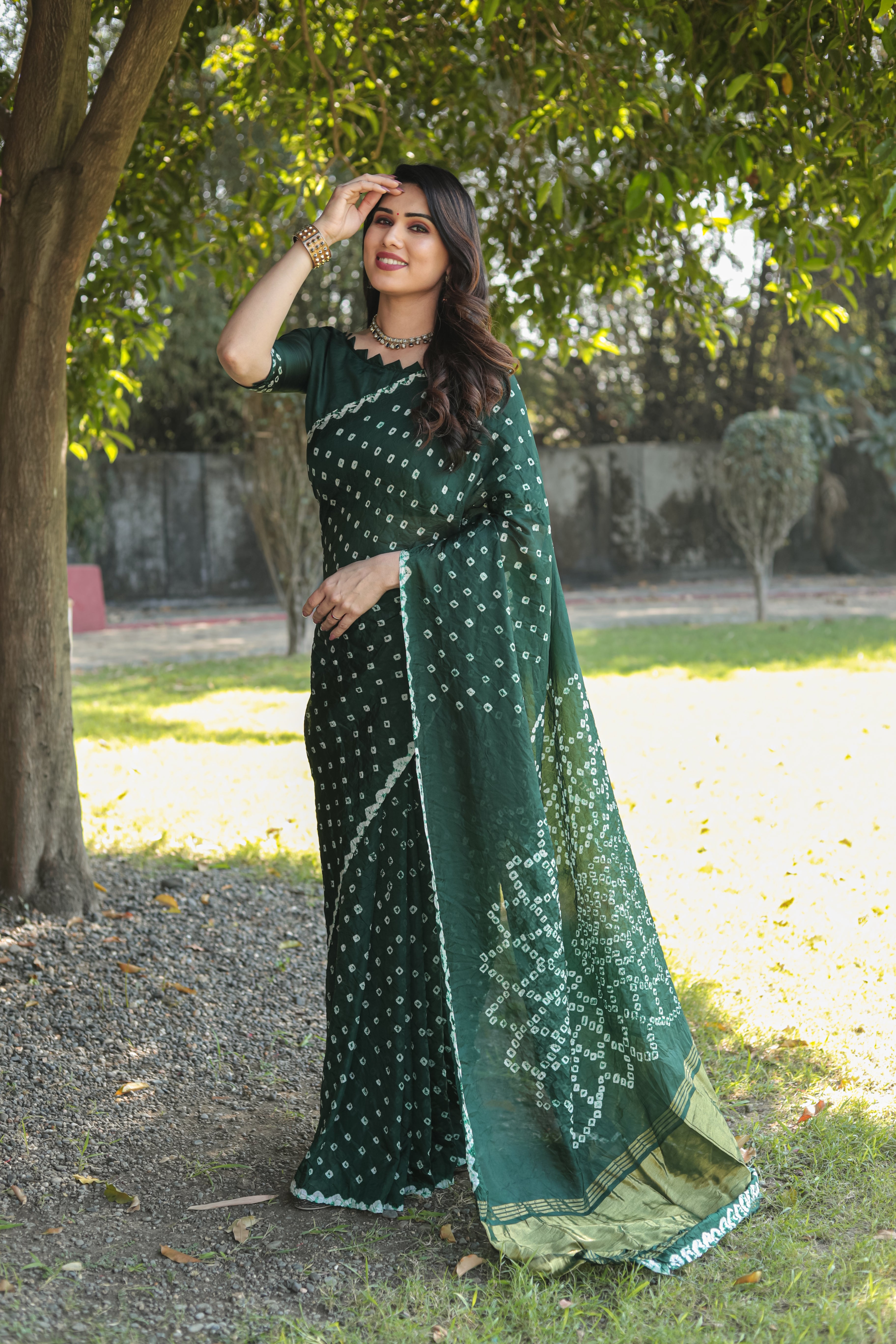 Buy MySilkLove Leather Jacket Green Designer Bandhani Printed Saree Online