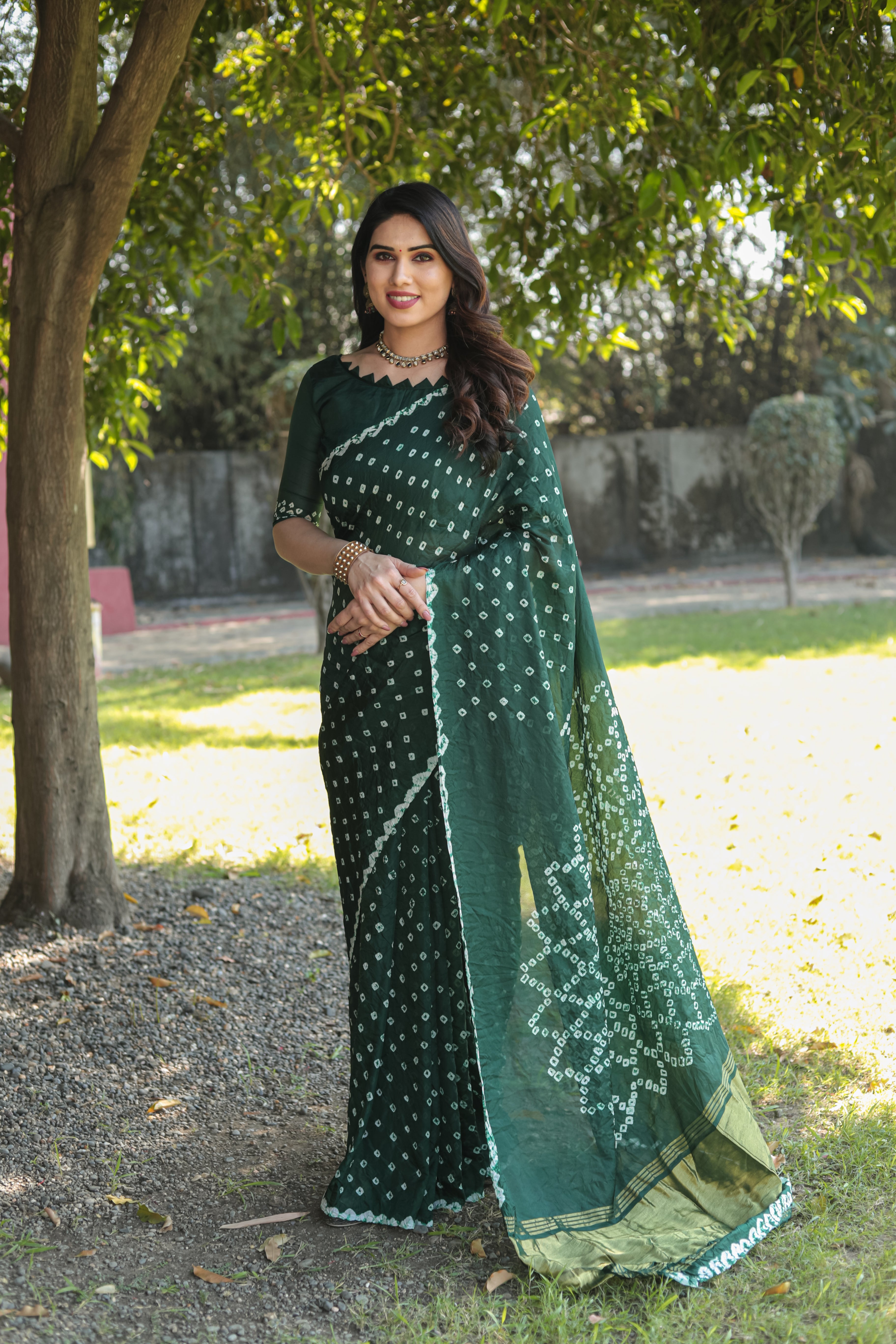 Buy MySilkLove Leather Jacket Green Designer Bandhani Printed Saree Online