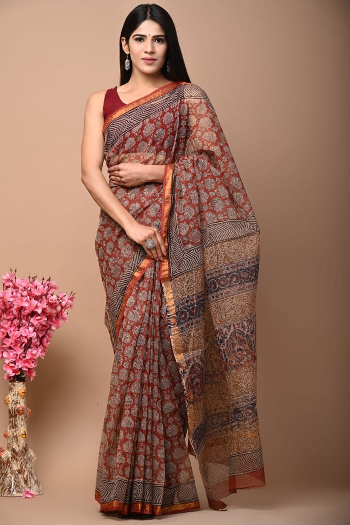 Buy MySilkLove Ironstone Red Handblock Kota Doriya Saree Online