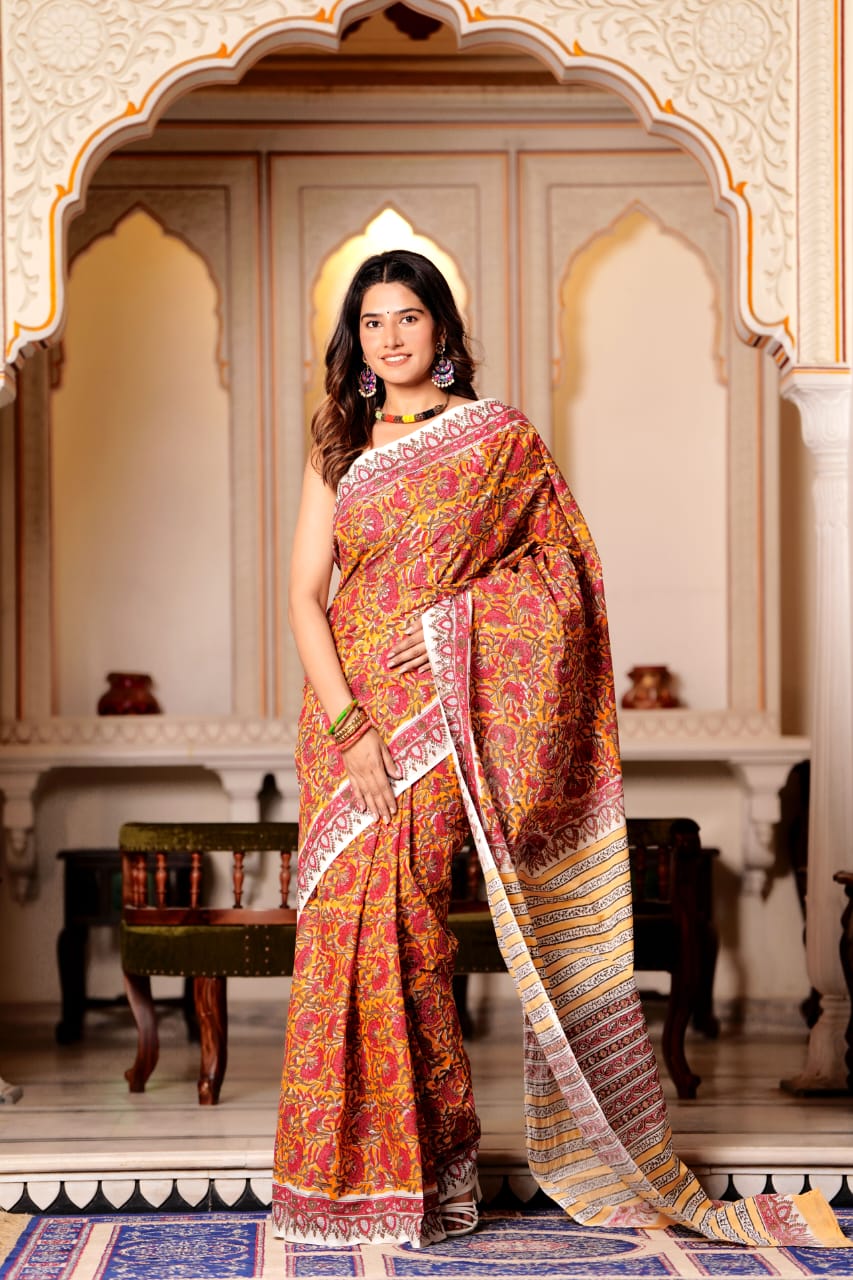 Buy MySilkLove Tan Orange Pure Cotton Handblock Printed Saree Online