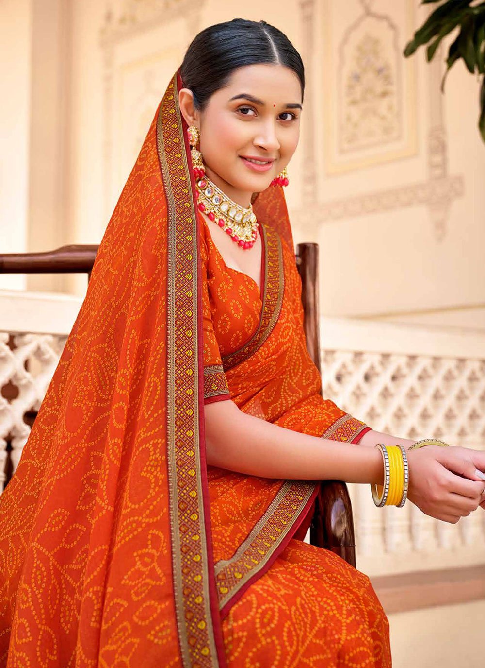 Buy MySilkLove Carrot Orange Chiffon Bandhani Saree Online