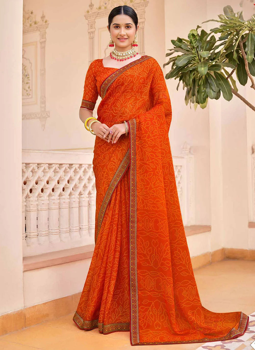 Buy MySilkLove Carrot Orange Chiffon Bandhani Saree Online