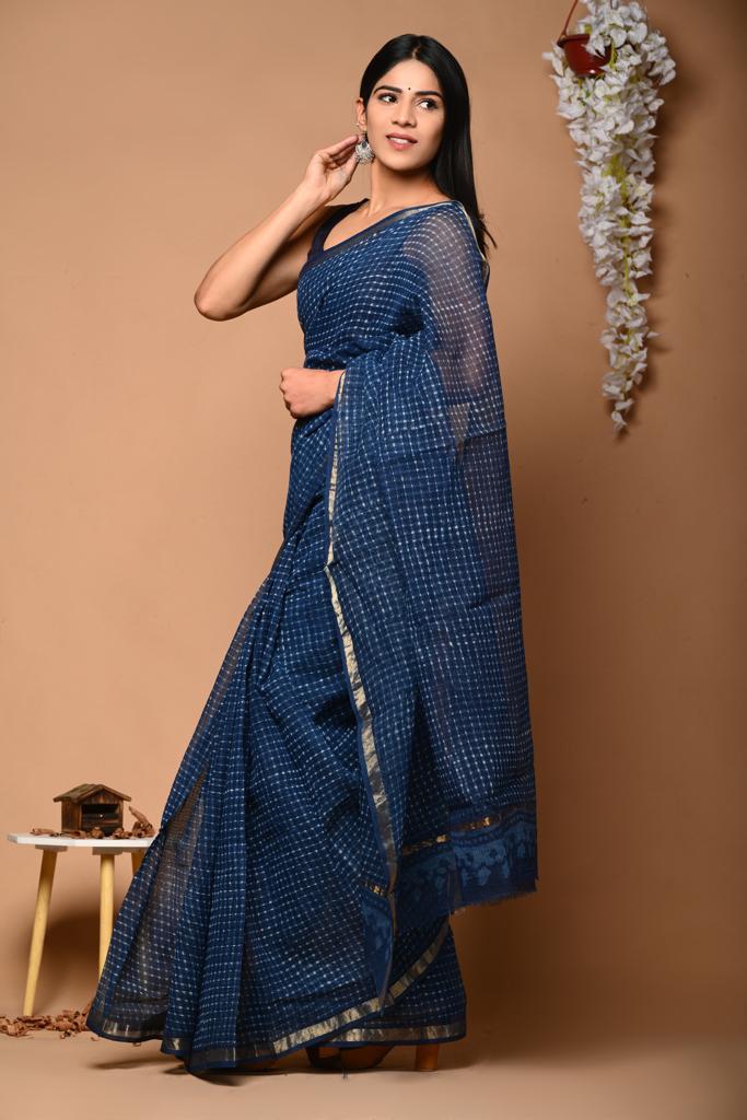 Buy MySilkLove Nile Blue Handblock Kota Doriya Saree Online