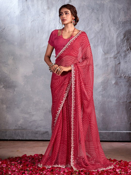 Buy MySilkLove Cherry Red Designer Georgette Bandhani Saree Online