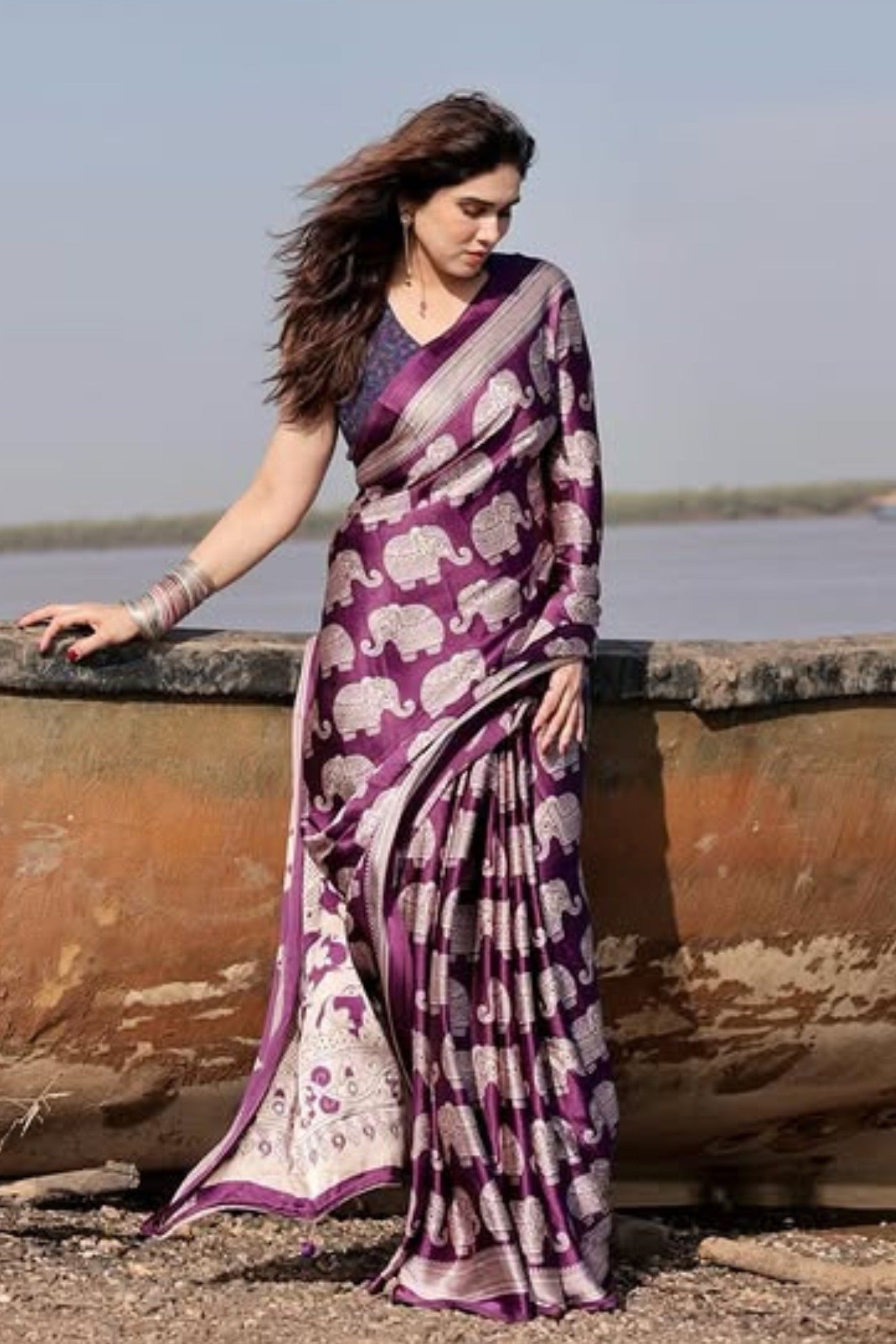 Buy MySilkLove Thistle Purple Ajrakh Printed Satin Crepe Silk Saree Online