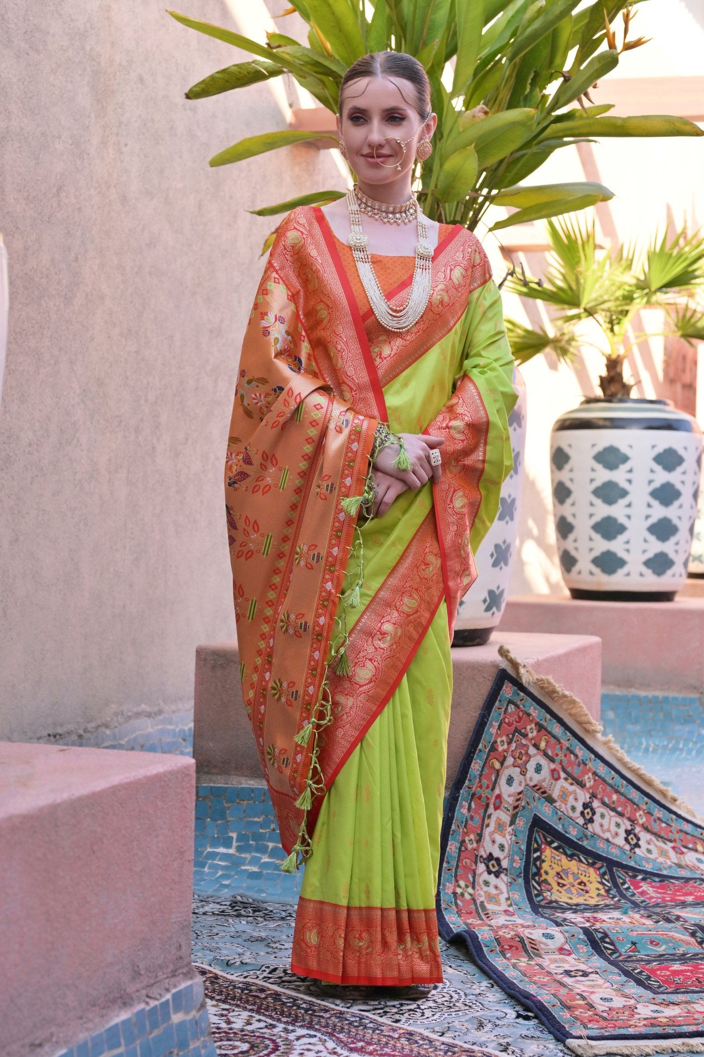 Buy MySilkLove Slime Green Zari Woven Paithani Saree Online