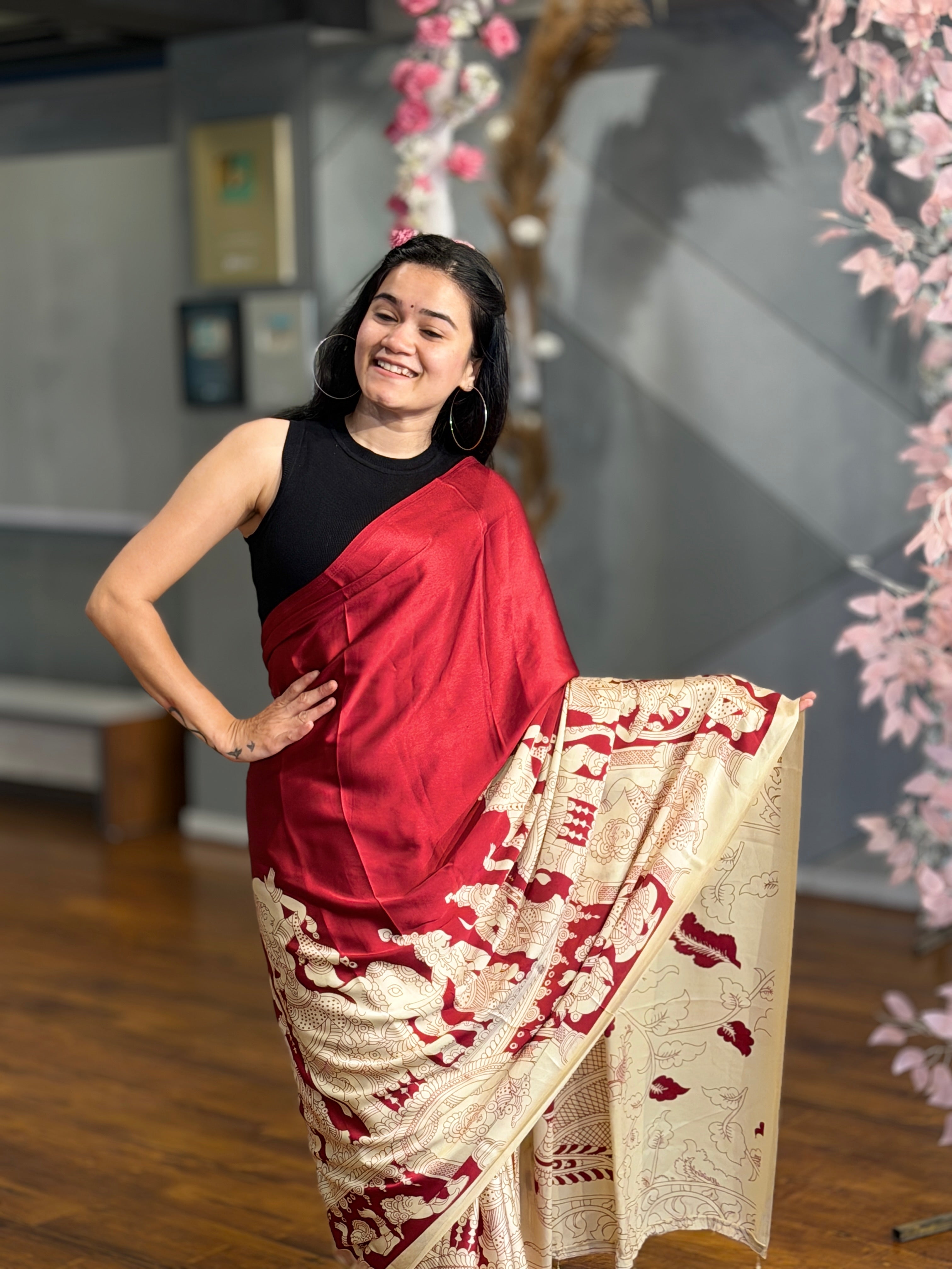 Buy MySilkLove Tan Maroon and Cream Ajrakh Printed Satin Crepe Silk Saree Online