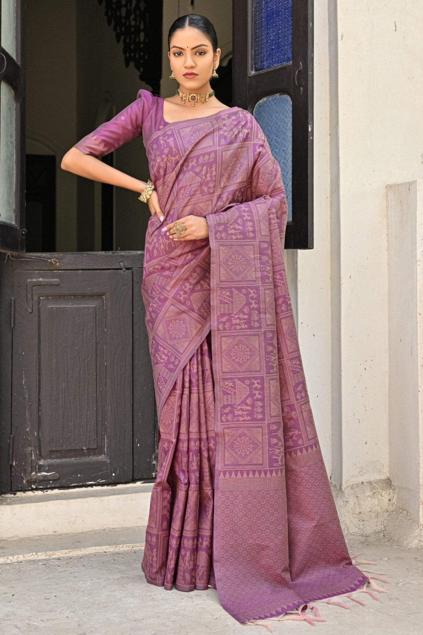 Buy MySilkLove Rose Dust Purple Woven Kalamkari Raw Silk Saree Online