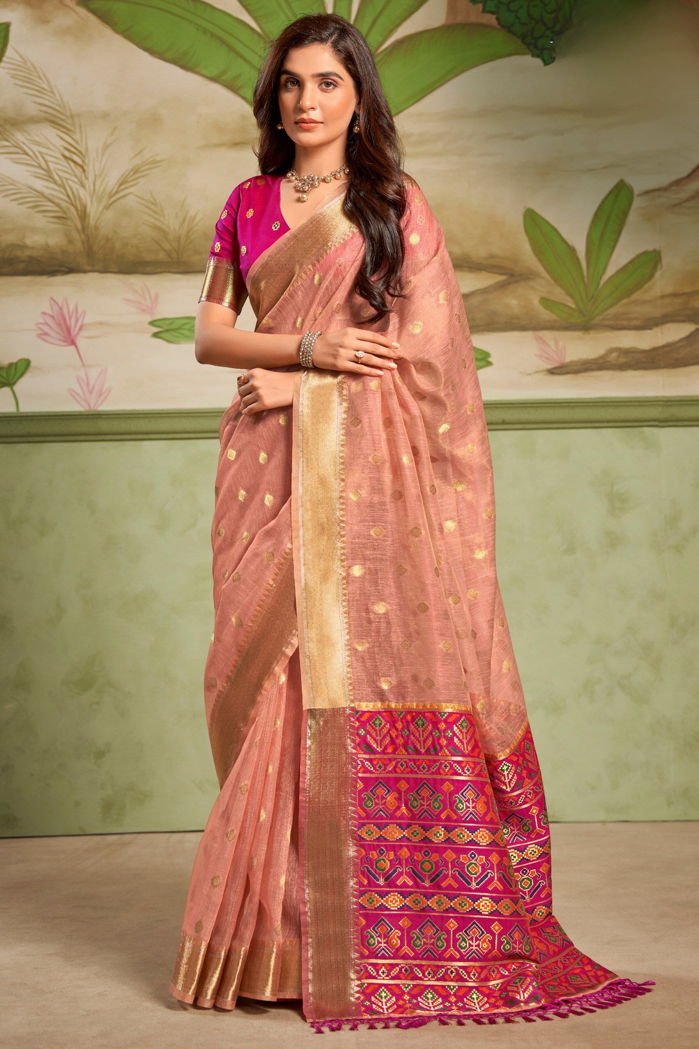 Buy MySilkLove Wax Flower Peach Banarasi Tissue Silk Saree Online