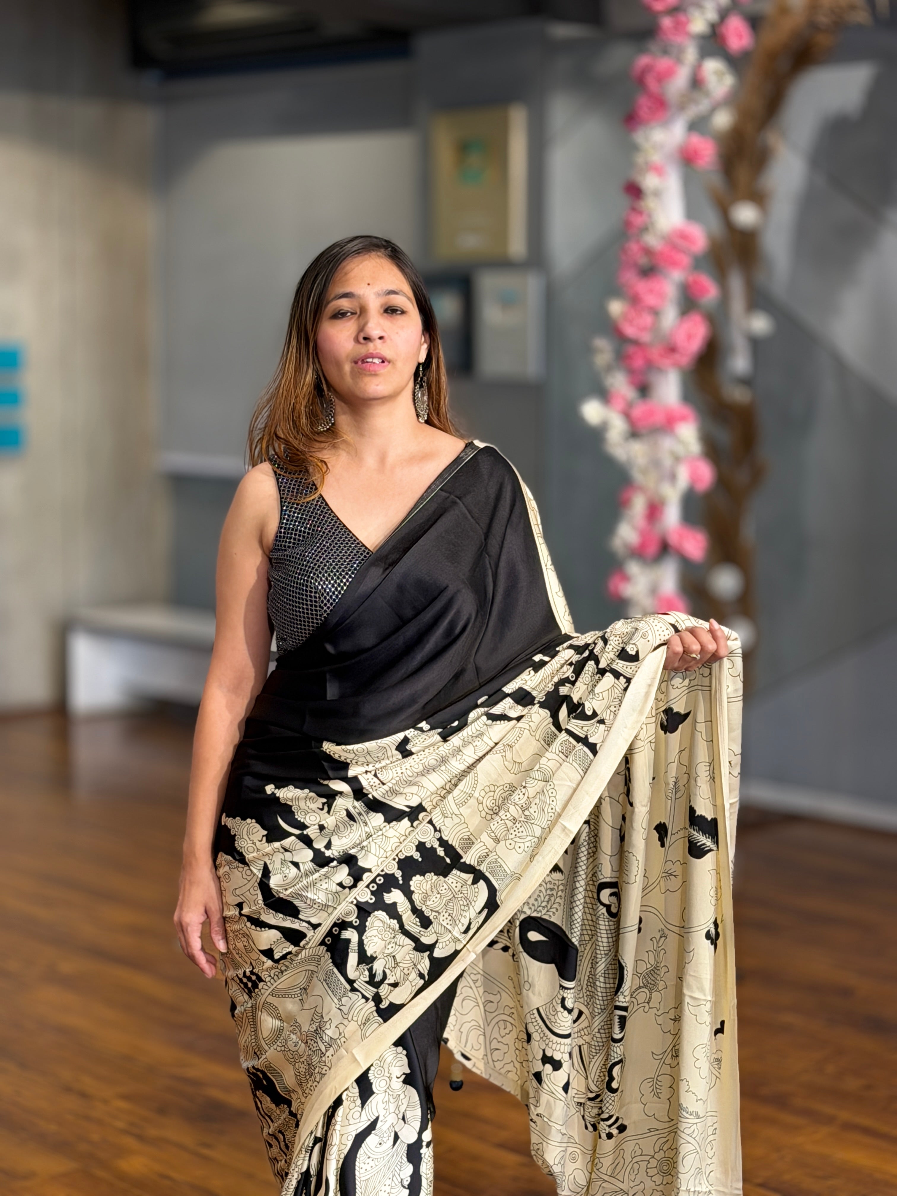 MySilkLove Stone Black and Cream Ajrakh Printed Satin Crepe Silk Saree