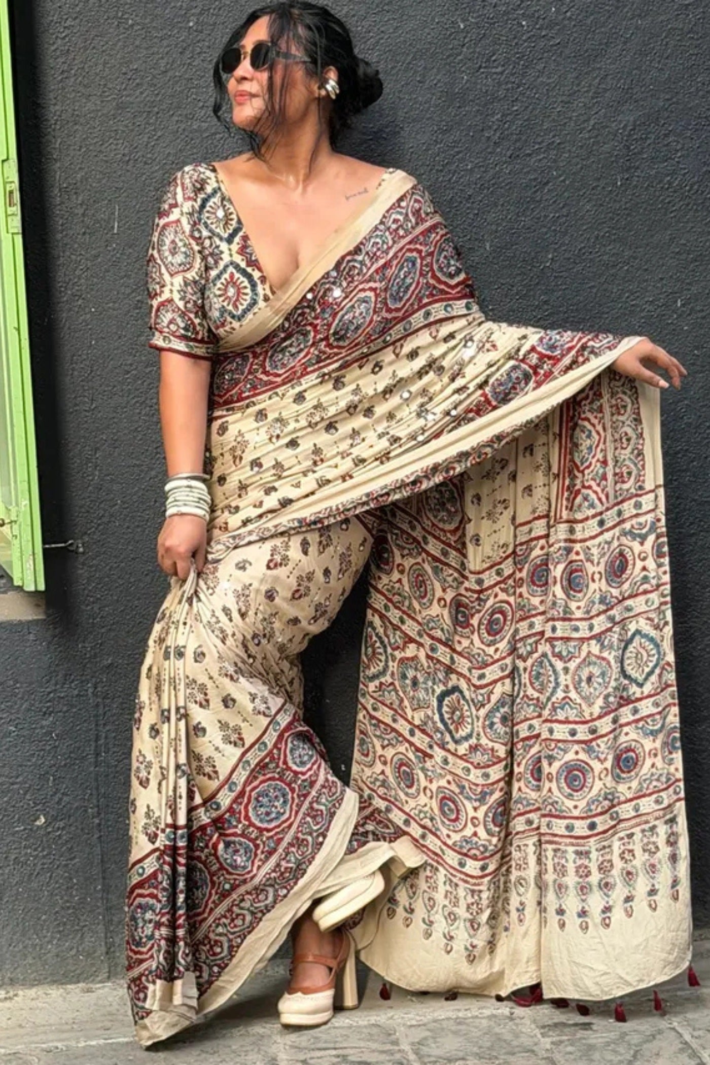 Buy MySilkLove Fawn Beige Modal Ajrakh Satin Printed Mirror Work Saree Online