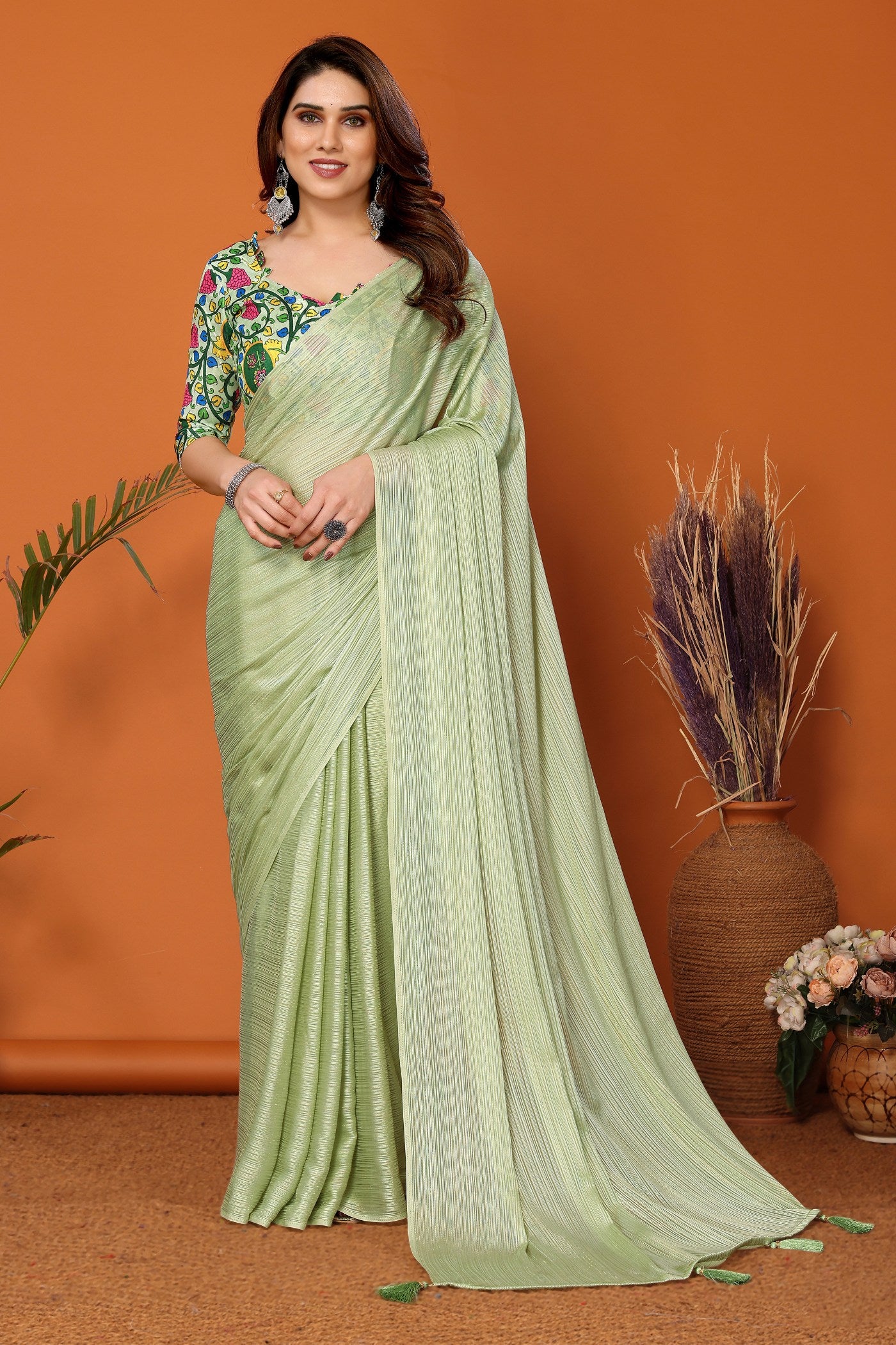 Buy MySilkLove Basil Green Solid Plain Saree Online