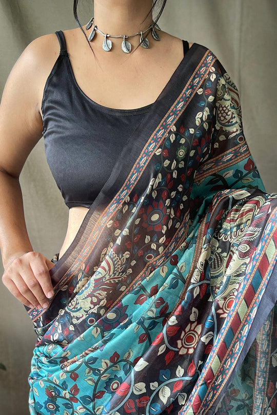 Gothic Blue and Black Kalamkari Printed Saree