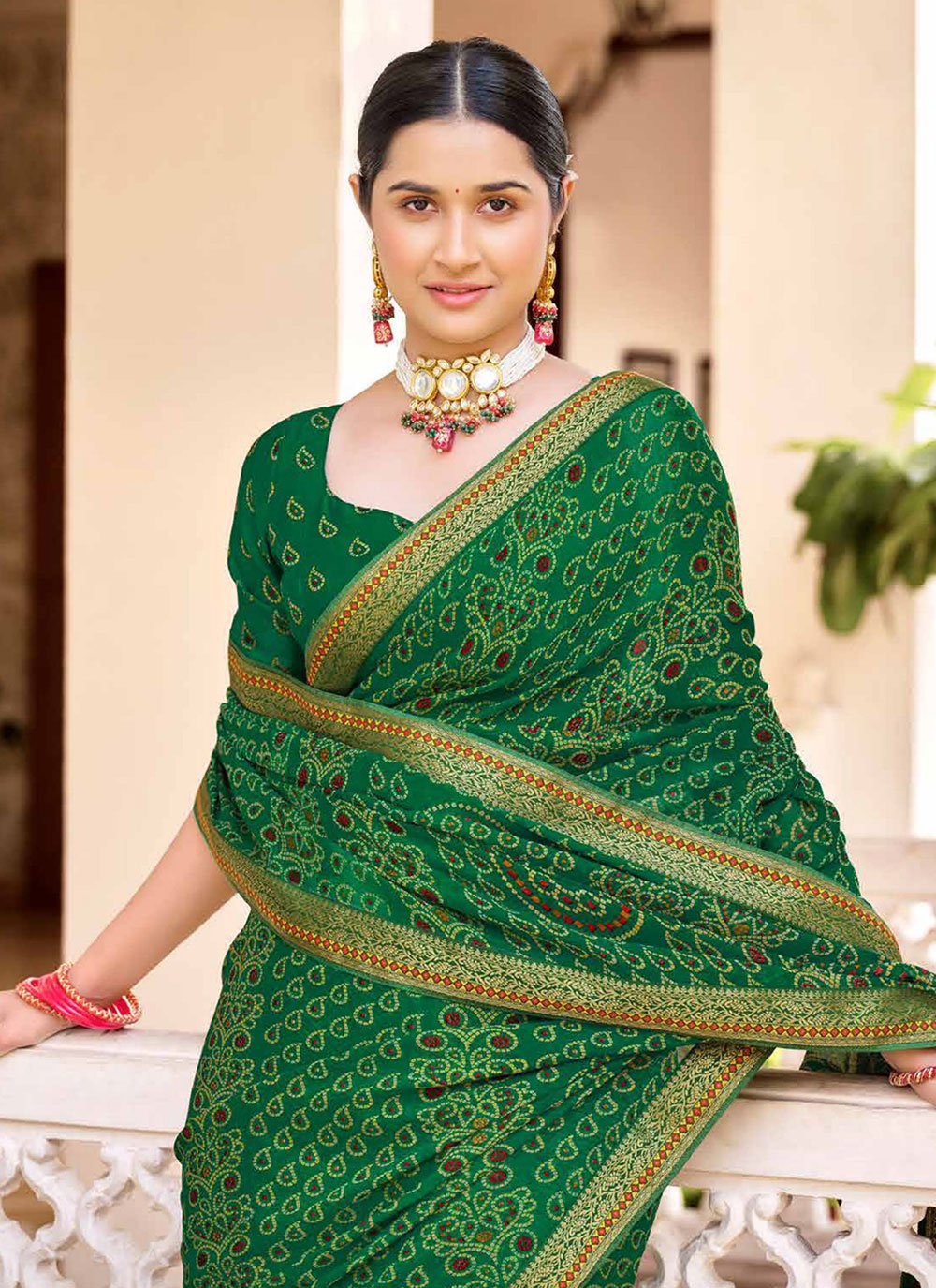 MySilkLove Leaf Green Chiffon Bandhani Saree