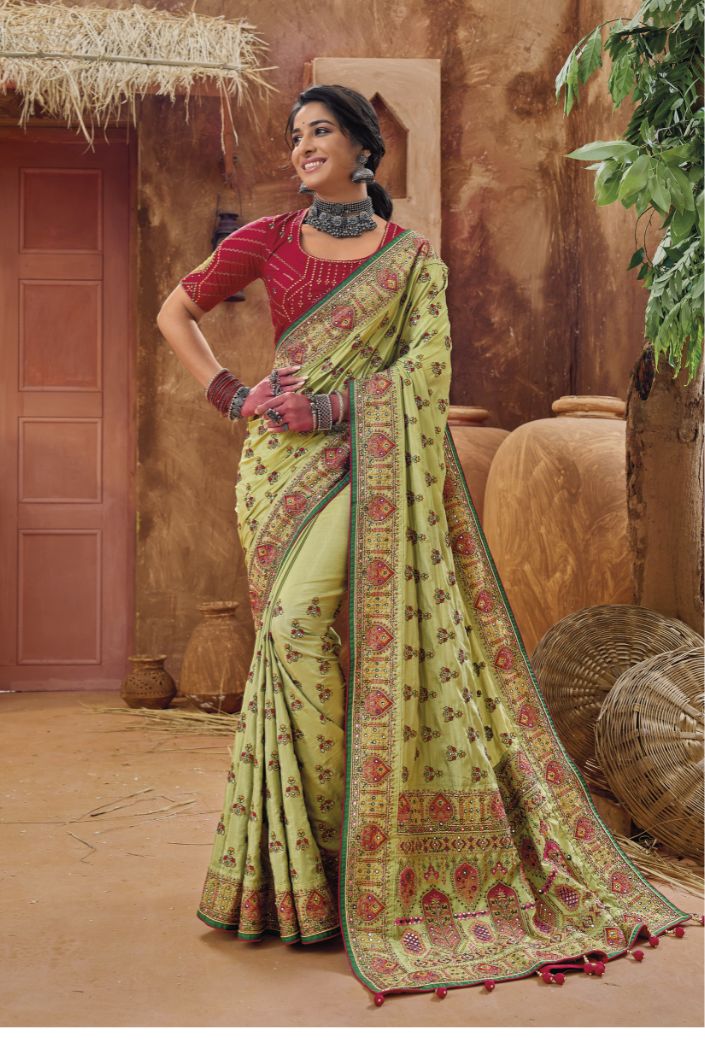 Buy MySilkLove Gold Fusion Green Embroidered Designer Kacchi Work Saree Online