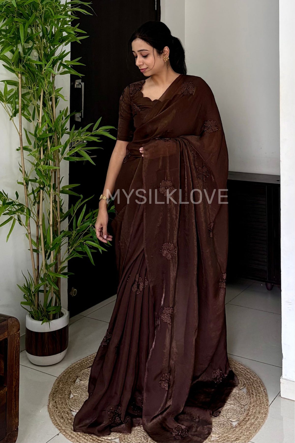 Buy MySilkLove Mahogany Brown Designer Sequin Embroidery Work Saree Online
