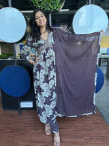 Natural Grey and Purple Floral Alia Cut Pure Muslin Silk Suit