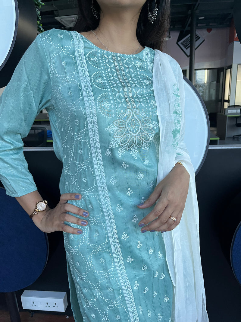 Gum Leaf Blue and White Pure Cotton Suit