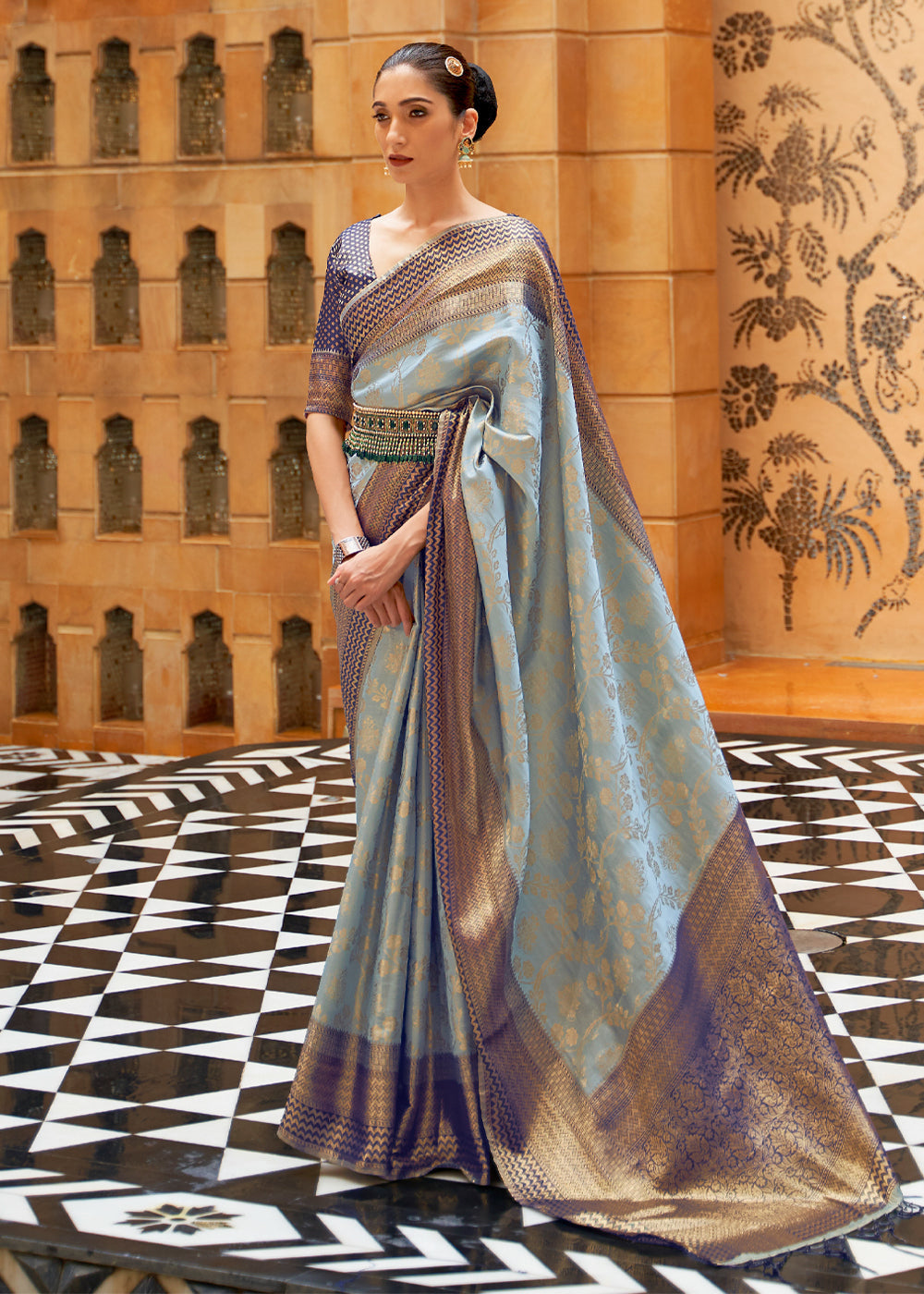 Buy MySilkLove Tower Gray Zari Woven Kanjivaram Saree Online