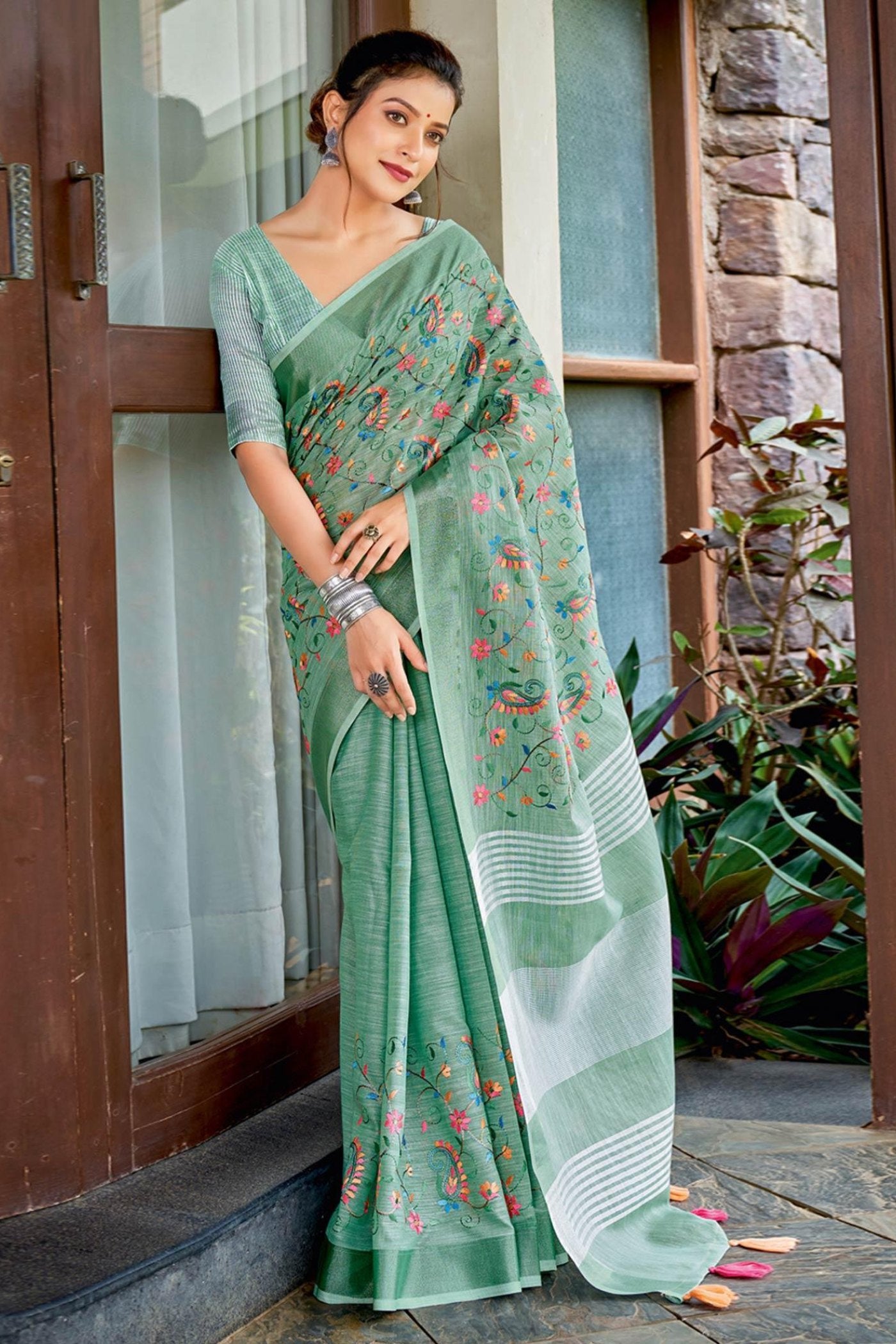 Buy MySilkLove Summer Green Handcrafted Linen Saree Online