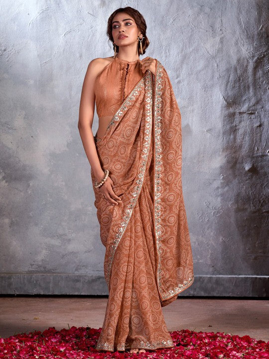 Buy MySilkLove Ironstone Brown Designer Georgette Bandhani Saree Online