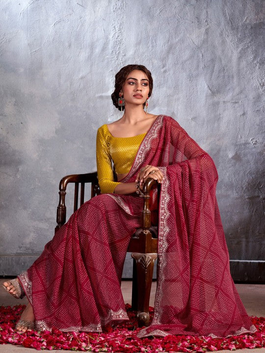 MySilkLove Tosca Maroon Designer Georgette Bandhani Saree