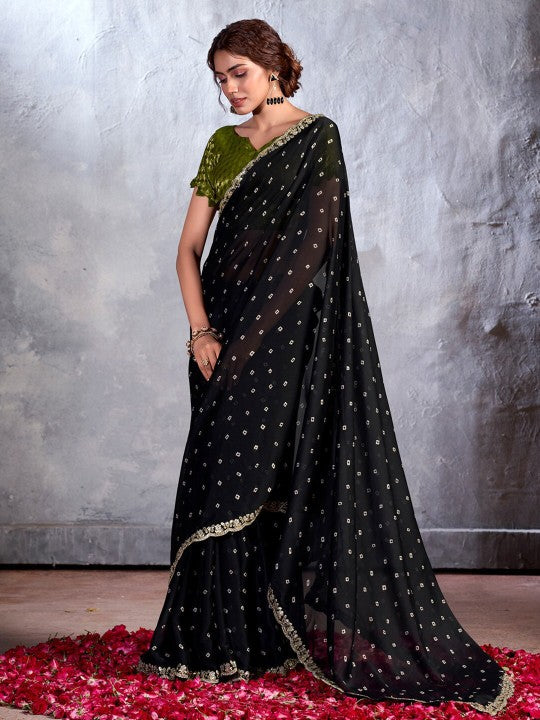 MySilkLove Rio Black Designer Georgette Bandhani Saree