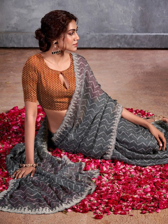 Buy MySilkLove Stone Grey Designer Georgette Bandhani Saree Online