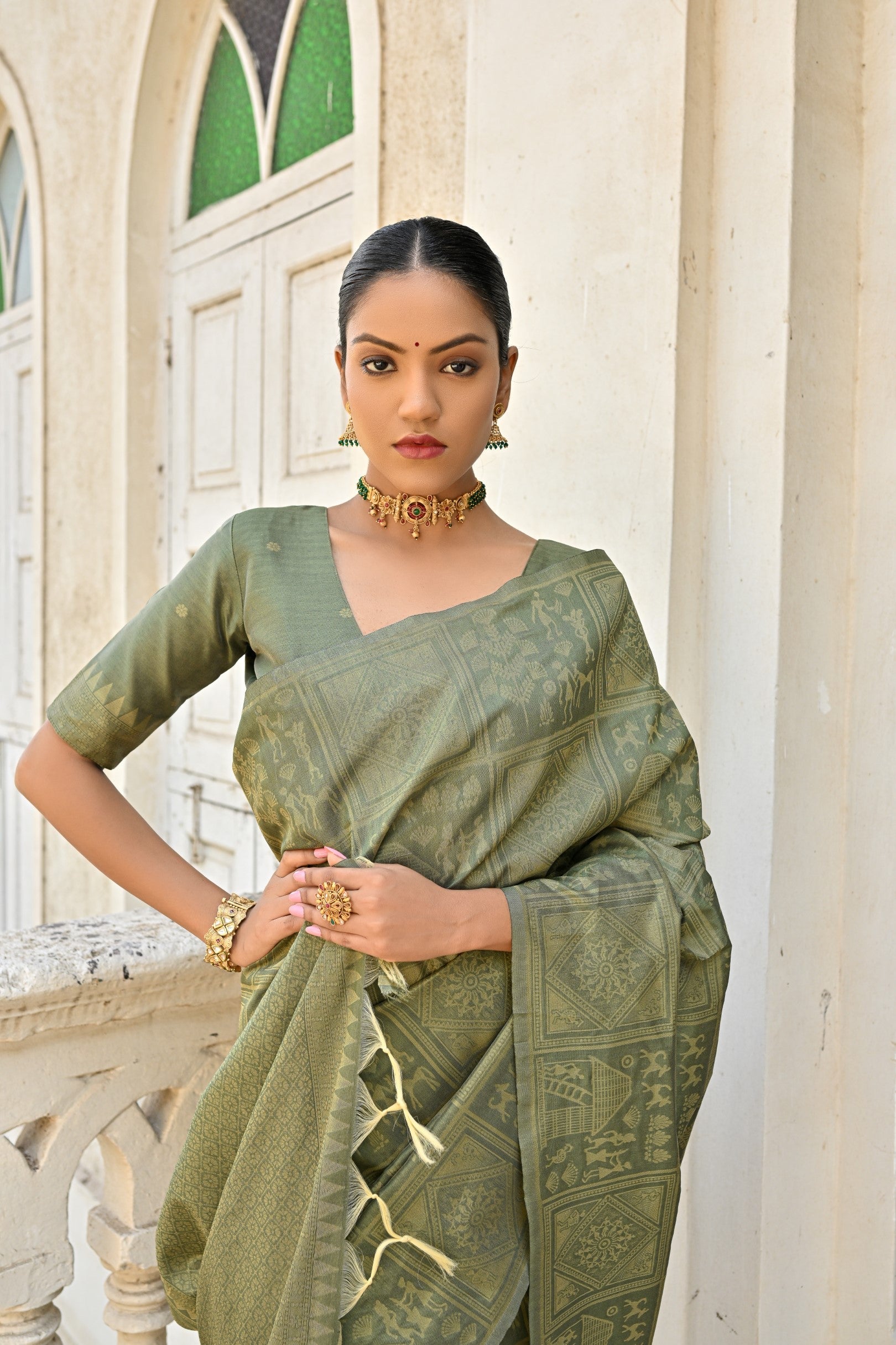 Buy MySilkLove Clay Creek Green Woven Kalamkari Raw Silk Saree Online