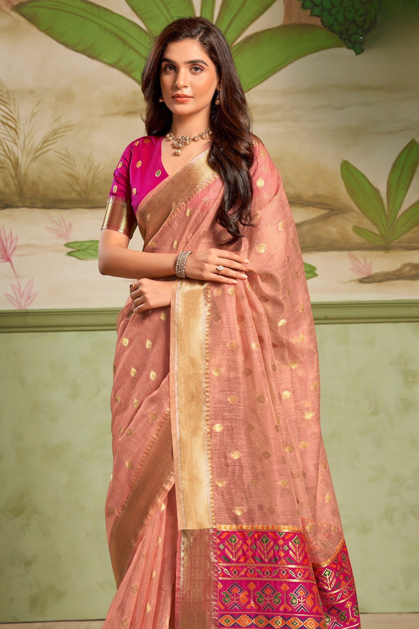 Buy MySilkLove Wax Flower Peach Banarasi Tissue Silk Saree Online