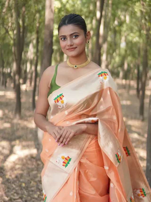 Buy MySilkLove Vivid Orange Organza Woven Paithani Saree Online