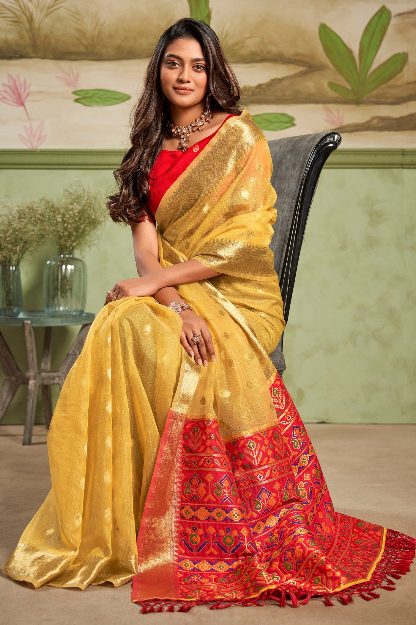 MySilkLove Tussock Yellow Banarasi Tissue Silk Saree