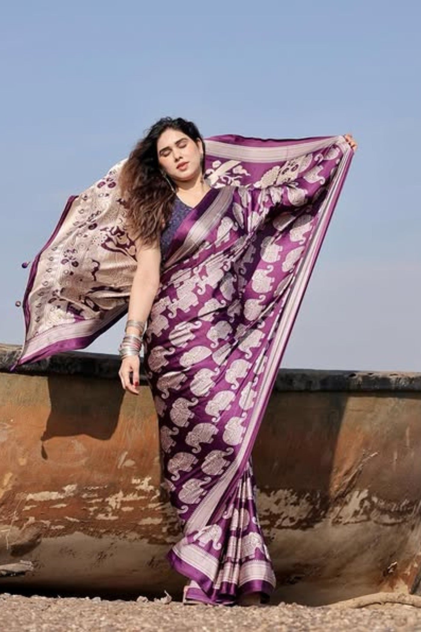 Buy MySilkLove Thistle Purple Ajrakh Printed Satin Crepe Silk Saree Online
