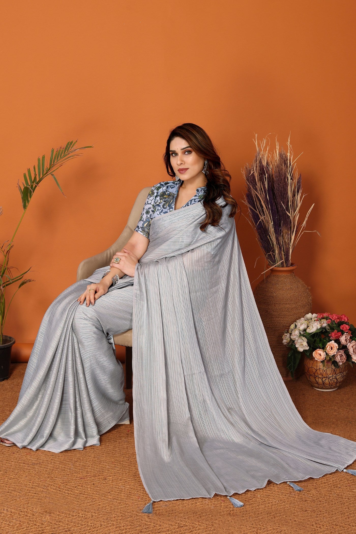 Buy MySilkLove Silver Grey Solid Plain Saree Online