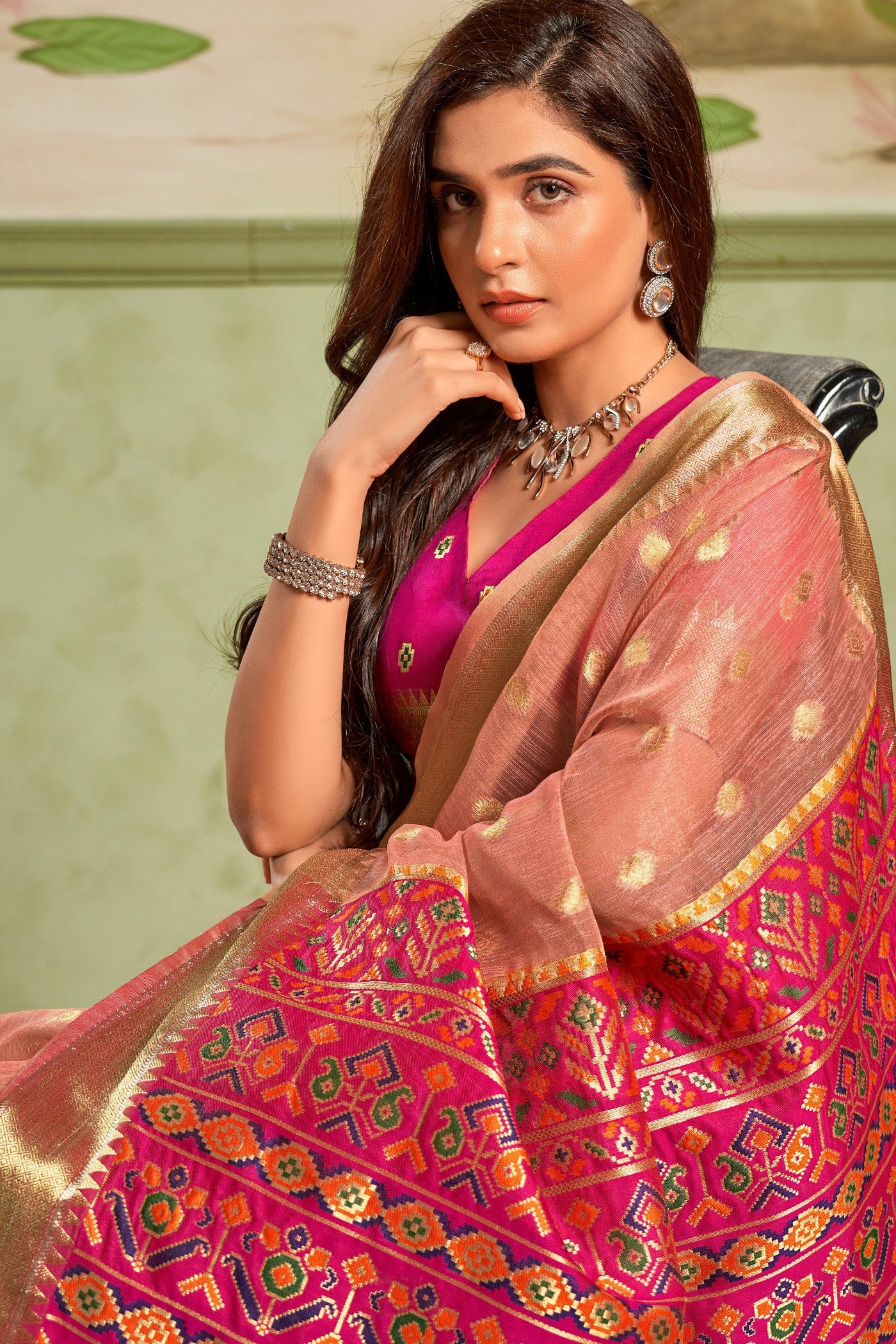 MySilkLove Wax Flower Peach Banarasi Tissue Silk Saree