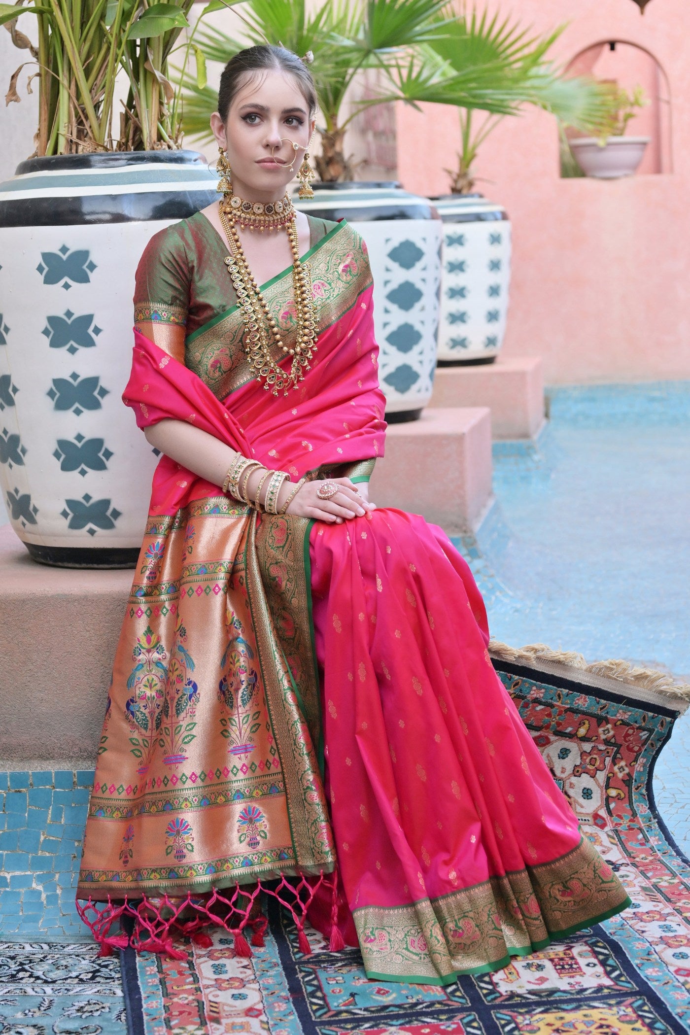 Buy MySilkLove Shocking Pink Zari Woven Paithani Saree Online