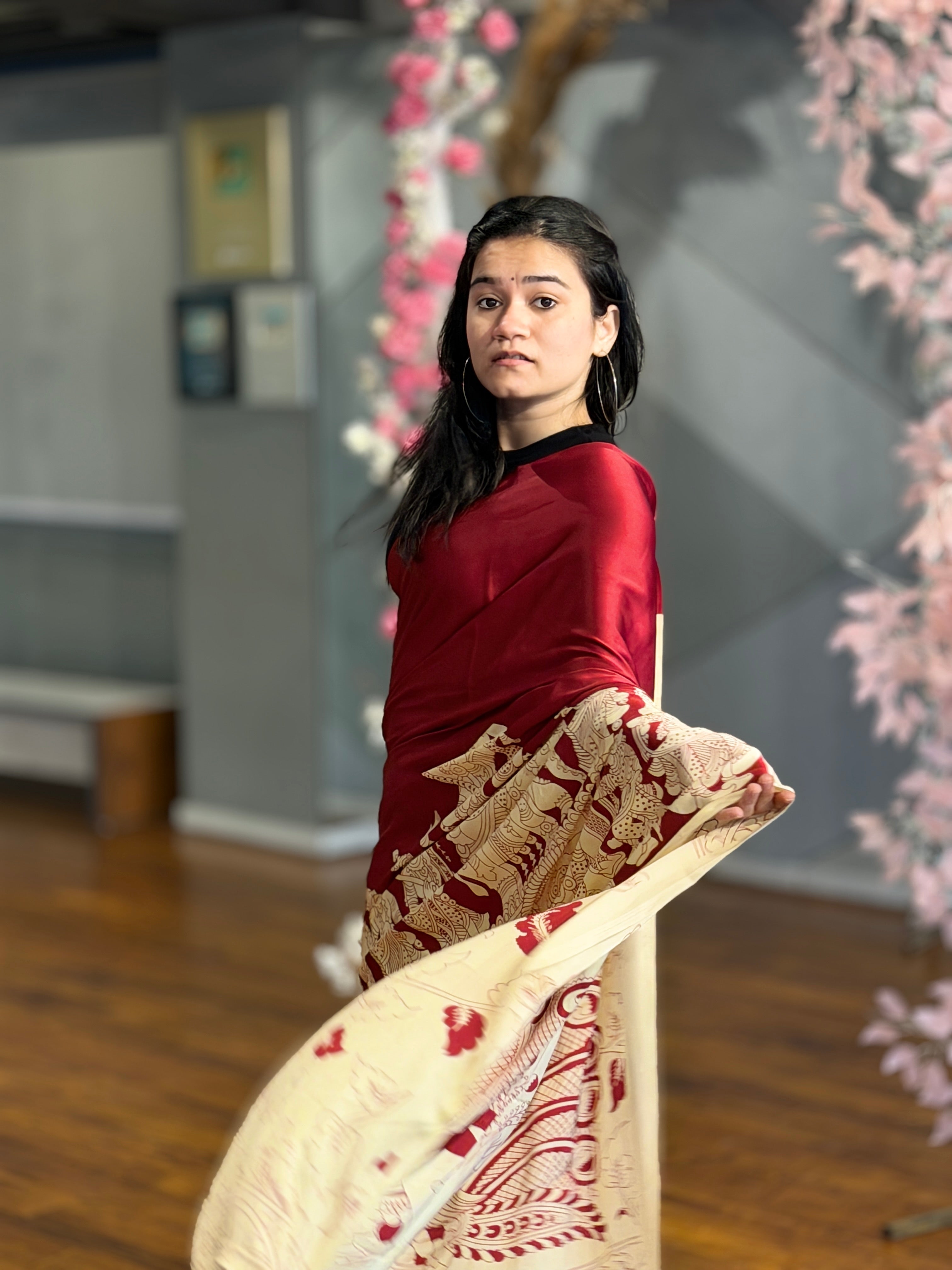 MySilkLove Tan Maroon and Cream Ajrakh Printed Satin Crepe Silk Saree