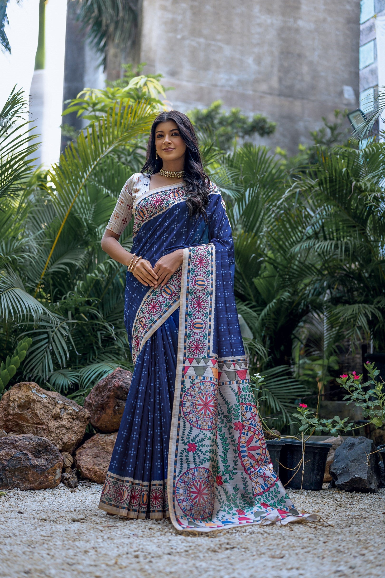 Buy MySilkLove Astronaut Blue Madhubani Tussar Printed Silk Saree Online