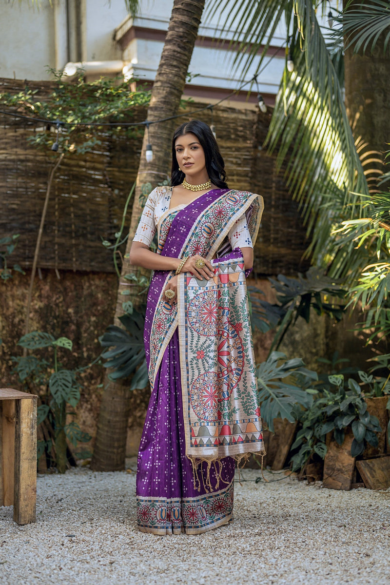 Pastel Madhubani Print Semi Tussar Silk Saree – Luxurion World